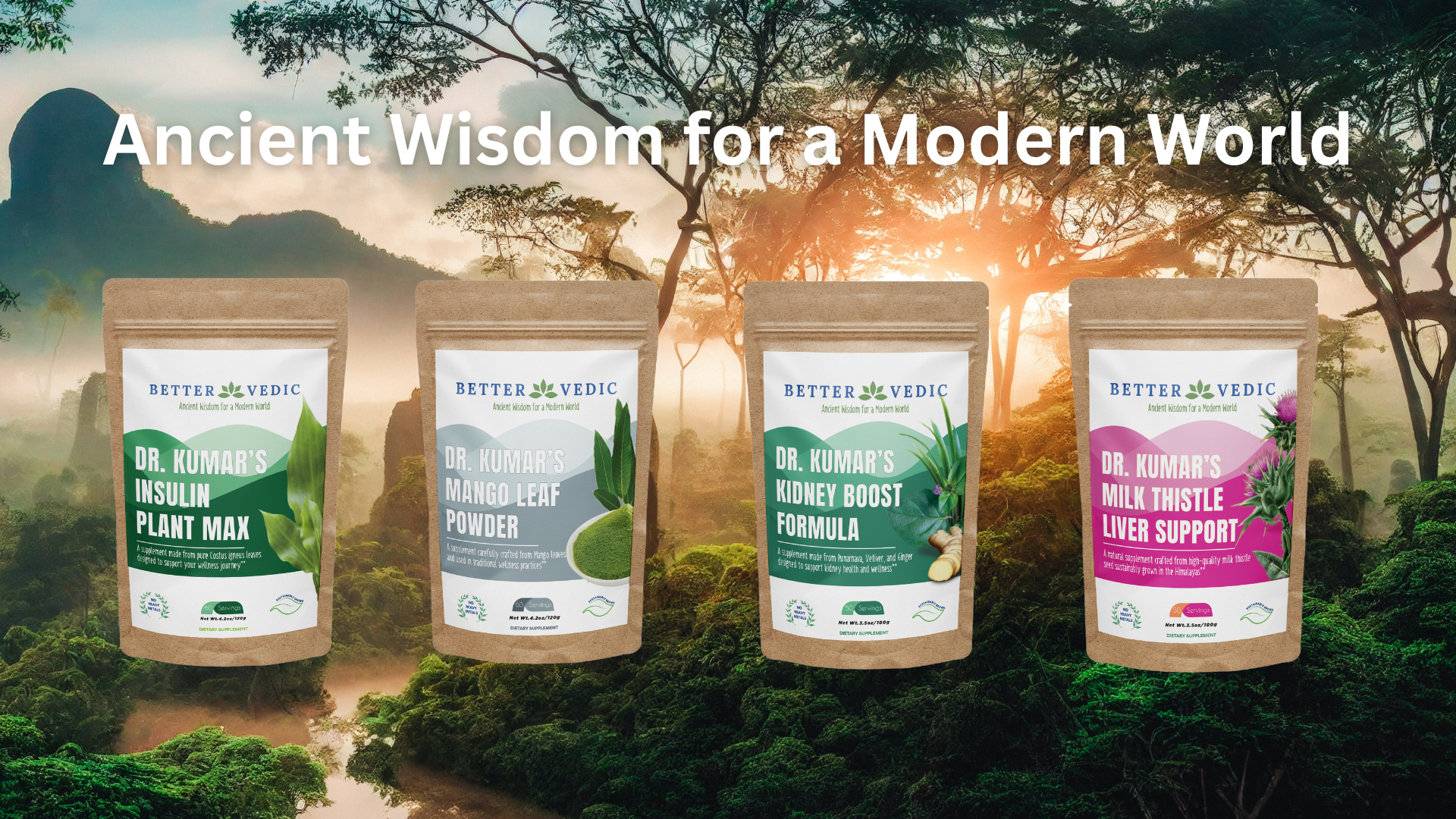 "Ancient Widsom for a Modern World" A picture of Dr. Kumar's insulin plant max, Dr. Kumar's Mango leaf Powder, Dr. Kumar's Kidney Boost Formula, and Dr. Kumar's Milk Thistle Liver Support in front of a tropical landscape.