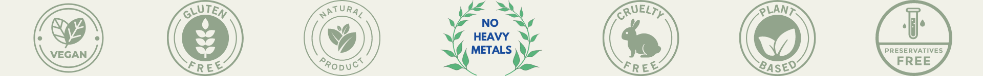 Visual Icons for aspects of the supplements sold on Better Vedic. They include from left to right: Vegan, Gluten Free, Natural Product, No Heavy Metals, Cruelty Free, Plant Based, and Preservative Free